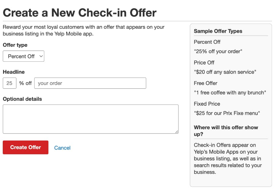 example of yelp business discount offer